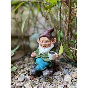 Drinking Coffee Garden Gnome Statue Decoration 7.3" Figurine Ornament
